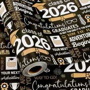 Rollo de Papel de Regalo para Graduación, 17 Pulgadas x 16.5 Pies, Negro y Dorado, Clase de 2026, con Gorros, Ecológico, para Manualidades - Product Image 6