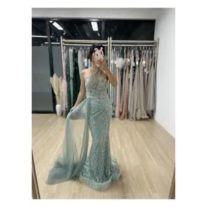 Lavish One Shoulder Pearls Plus Size Prom Dresses Sexy Sleeveless Sequined Beading Mermaid Evening Dresses With Side Train