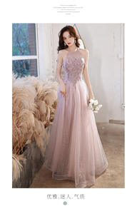 Abito da sera rosa da donna abito lungo da festa di <span class=keywords><strong>laurea</strong></span> con paillettes e perline romantici <span class=keywords><strong>abiti</strong></span> a trapezio naturali senza maniche - Product Image 5
