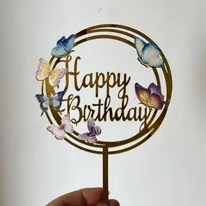 Acrylic Wreath Insert Beautiful Flower Butterflies Decorating Happy Birthday Cake Topper