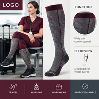 Chaussettes de compression sportives bordeaux avec tableau de mesure du mollet, manchette plus large, bout plat, soutien gradué, ajustement parfait, échantillon approuvé