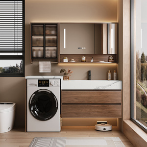 Walnut wood bathroom vanity cabinet modern bathroom sink cabinet with frosted glass door and open shelf - Product Image 1