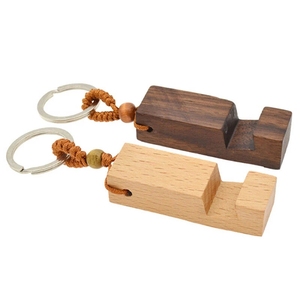 Wholesale Creative Wooden Multi Function Phone Holder Keychains Walnut Beech Wood Keychain Phone Holder Stand Pendant