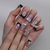 Faux ongles à presser faits main, courts, noirs, motif Serpent Français et Canard, de luxe, haute qualité, avec étoiles en diamant, couvrance totale, en acrylique, pré-conçus, 10