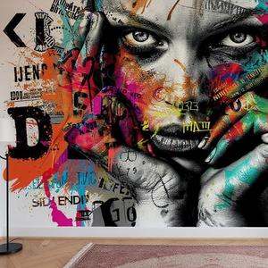 Éclaboussures de peinture lumineuses et colorées personnalisées sur la décoration murale de <span class=keywords><strong>papier</strong></span> peint de graffiti de visage de femme - Product Image 3