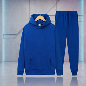 Survêtement unisexe bleu à capuche, manches longues, couleur unie, sweat-shirt décontracté avec pantalon à cordon de serrage, 100% coton, poids moyen, vêtements d'automne - Product Image 1