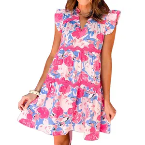 2024 Wholesale Chic Clothes Customized Summer beach vocation Pink Floral Printed V Notched Ric Rac Flutter Sleeve Dress