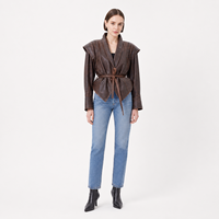 Blouson en peau de mouton véritable pour femme, anti-rides, écologique, avec ceinture, col rabattu, manches longues, court, automne