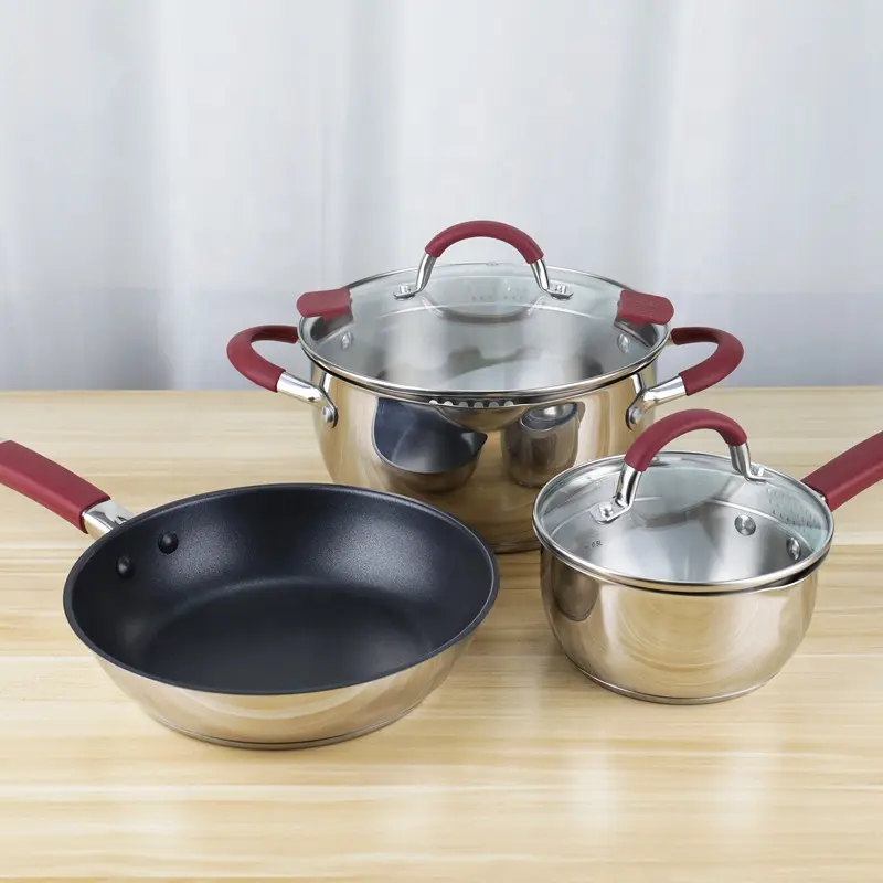 कस्टम रसोई 5pcs गैर छड़ी खाना पकाने पैन Cookware सेट बर्तन सेट सिलिकॉन संभाल खाना पकाने के बर्तन सेट