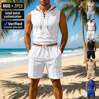 Ensemble 2 pièces décontracté pour homme en tricot gaufré, débardeur à capuche sans manches à lacets et short à cordon de serrage, avec bordure rayée, pour l'été
