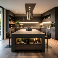 Meubles de cuisine modernes en forme de U avec grand îlot central et éclairage LED, armoires de cuisine personnalisées en contreplaqué