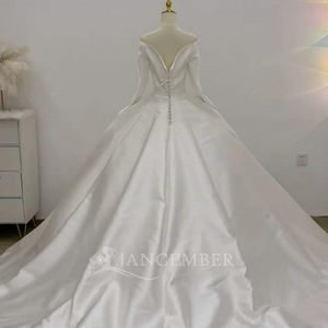 Lsjj150 Elegant Ivory Satin <b>Wedding</b> Dress Regular Sleeve Sweetheart Neckline Minimalist Ball Gown Backless Chapel Train - Product Image 5