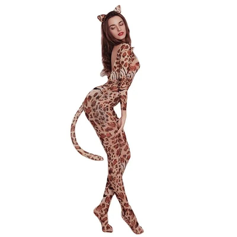 Anime cosplay costume adult women leopard mesh jumpsuit role play cat costume 6168