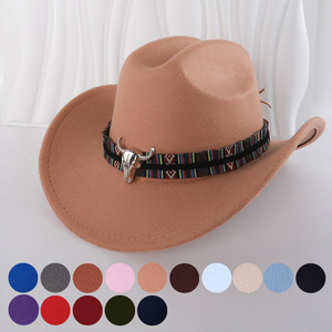 Sombrero de vaquero con banda colorida y hebilla de calavera de toro, accesorio de moda de ala ancha para hombres y mujeres, para uso al aire libre - Product Image 1