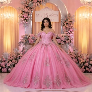 ชุดราตรีงาน Quinceanera สีชมพูสดใส รุ่น Lsdz122 ผ้าชีฟองทรงบอลกาวน์ คอรูปหัวใจ ประดับเลื่อมหนัก ลูกปัด และลายดอกไม้  ด้านหลังแบบคอร์เซ็ท - Product Image 1