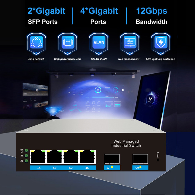 OEM/ODM Industrial Grade 6-Port POE Gigabit Network Switch RJ45 VLAN 2 Optical 4 Electrical IP40 UTP SNMP Cheap Price