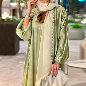 新着イスラム教徒の女性2ピースフロントパールイスラム服ライトシャイニーサテンシルクアバヤインナースリップドレスセット - Product Image 2