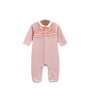 QA1138 New Design Bowknot Decoration Jumpsuit Baby Cotton Romper Long Sleeve Baby Jumpsuit with Button