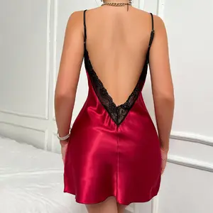 Женская модная повседневная домашняя одежда Летний Тонкий Атласный сексуальный сарафан сплошной цвет с открытой спиной Ночная рубашка оптом