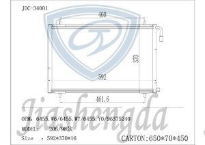 Condenseur <span class=keywords><strong>de</strong></span> pièces <span class=keywords><strong>de</strong></span> rechange <span class=keywords><strong>de</strong></span> voiture JD 34001 pour PEUGEOT <span class=keywords><strong>206</strong></span> 1998 condenseur 6455.W6 6455.W7 6455.Y0 96375240 condenseur d'air - Product Image 5