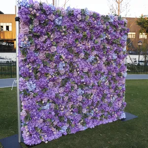 Artificial Purple Flowers Backdrop Silk Artificial Decorative Flower Wall Roll Up Background Panel For Wedding Party Event