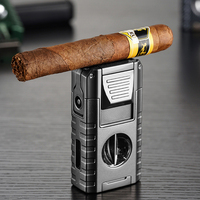 Briquet à cigares multifonctionnel en métal, triple flamme jet, coupe-vent, rechargeable au butane, avec outils pour cigares, idéal pour les cadeaux d'affaires