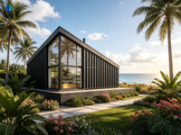 Maison préfabriquée modulaire en métal noir avec grandes fenêtres vitrées pleine hauteur, design moderne pour villa de glamping, bureau ou bâtiment