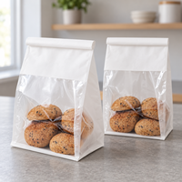 Sac à pain blanc en PE à fond plat avec grande fenêtre transparente et fermeture à enroulement pour biscuits, pâtisseries, produits de boulangerie, plats à emporter, pochette autoportante