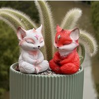 Kerajinan Resin Kustom Seni Meditasi Patung Rubah Model Zen Lucu 10cm Ornamen Pot Bunga Taman yang Dicat