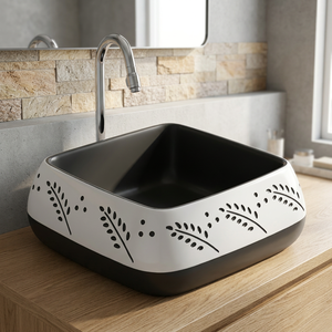 Lavabo de table de forme ronde imprimé en noir et blanc évier de salle de bain en céramique moderne sous le comptoir pour une utilisation sur le comptoir - Product Image 1