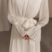 Enyami Modeste Blanc Soyeux En Mousseline De Soie Soirée Grande Plissée Lâche Mode Longue Maxi Femmes Robe Avec Ceinture