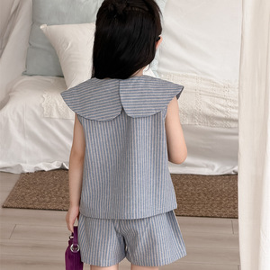 Completo Abbigliamento <span class=keywords><strong>Bambina</strong></span> 2026 Nuovo Stile Alla Moda Cotone Tuta Neonato Stile Coreano Top a Righe con Risvolto + Pantaloncini Set Due Pezzi - Product Image 4