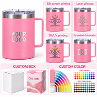 Vente en gros de tasses à café et à bière en acier inoxydable à double paroi isolées sous vide avec logo personnalisé, 12 et 14 oz, avec poignée et couvercle, pour les voyages et le camping