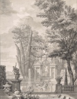 Papier peint mural personnalisé imperméable vintage, architecture de jardin, sculpture, arbre, pavillon, paysage de jardin italien