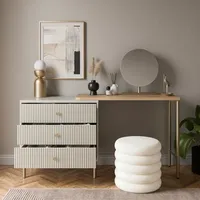 Ensemble coiffeuse crème cannelée, bureau de maquillage pliable en métal doré avec miroir rond, coffre de rangement pour chambre à coucher