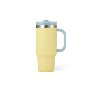 Yellow Stainless Steel Tumbler with Light Blue Lid and Handle Vacuum Insulated Travel <b>Mug</b> Minimalist Design 24 Hour <b>Thermal</b> Perf - Product Image 5