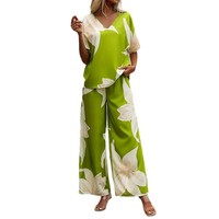 Costume d'été imprimé col en V manches chauve-souris Top Long Pants Fashion Two-Piece Suit