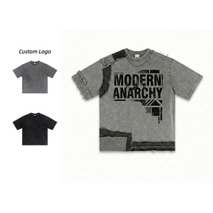 T-shirt homme vintage gris délavé patchwork avec chaîne métallique et épingle de sûreté, coupe ample et épaisse, 100% coton, fournisseur de choix pour l'été - Product Image 1