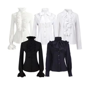 Blusa de manga larga Chifón con para verano, camisa gótica con volantes para mujer, color blanco y negro, Estilo Vintage