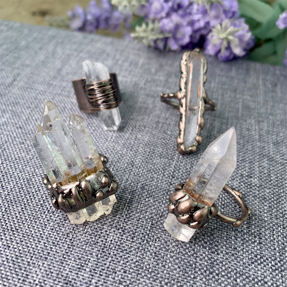 LS-A3665 fashion natural clear quartz crystal gemstone ring,hot antique brass plated ring jewelry