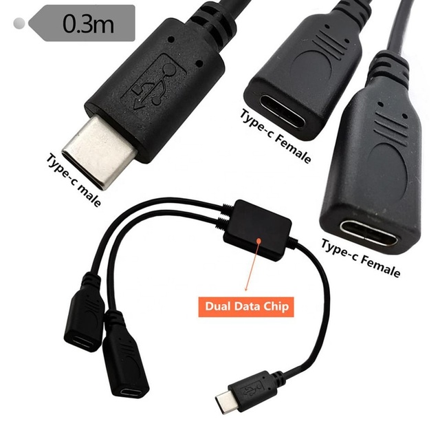 Splitter 1 in 2 Out USB Cable USB C 3.1 Male to AF Extension Cable with Chip