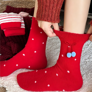 Calcetines de Mujer con Pompones, Diseño de Lunares, Suaves, Cálidos y Cómodos para el Hogar, <span class=keywords><strong>en</strong></span> Colores Festivos Rojo, Blanco y Azul, Paquete de Calcetines de Moda - Product Image 2