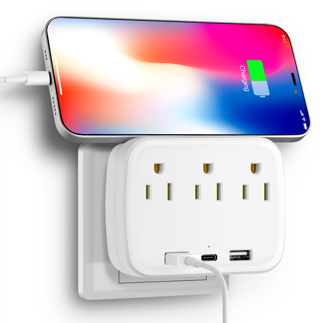 US Wall Charger 3 AC Outlets with 2 USB and Type C Charger Wall Outlet Socket Extender with USB DC 5V 3.0A Output