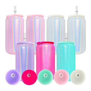 Vaso de Vidrio Holográfico Brillante de 16 oz con Pajita de Plástico para Sublimación - Product Image 4