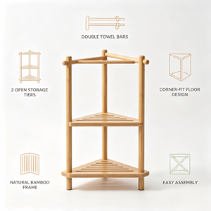 Portasciugamani da terra triangolare in bambù a 2 livelli con doppie barre <span class=keywords><strong>porta</strong></span> <span class=keywords><strong>asciugamani</strong></span> per l'organizzazione del bagno - Product Image 4