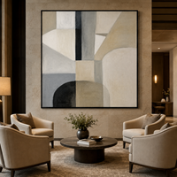 Peinture à l'huile abstraite géométrique neutre vintage, beige et noir, minimaliste, sur toile, pour la décoration de hôtel, villa, hall d'entrée, bureau