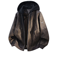 Blouson de basket vintage délavé à capuche amovible en cuir, style streetwear, OEM personnalisé, blousons bomber imperméables pour hommes en gros