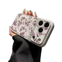 Coque de téléphone minimaliste en cuir texturé à motif floral plein écran pour iPhone 16 17 Pro Max avec grande fenêtre et bordure électroplaquée