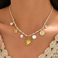 Collier multi-breloques vintage pour femme, fabrication de bijoux DIY, pendentif soleil plaqué or, géométrique, en acier inoxydable, imitation perle