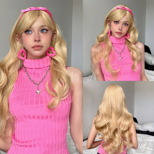 Perruque Cosplay Dorée en Fibre Synthétique avec Frange <span class=keywords><strong>Cheveux</strong></span> Longs <span class=keywords><strong>Bouclés</strong></span> Ensemble Complet Halloween Femmes Filles - Product Image 3